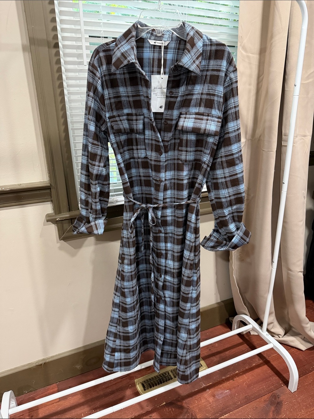 Amazon Plaid Midi Shirt Dress in Light Blue and Brown